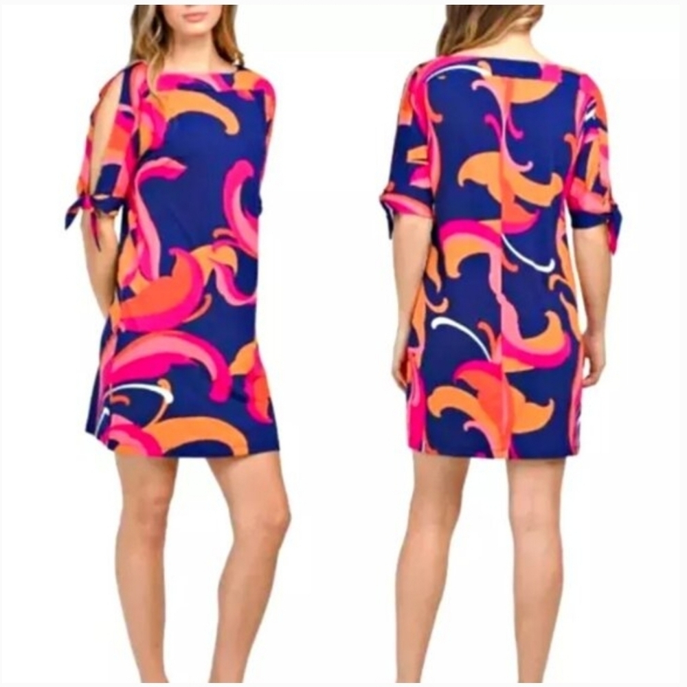 Trina Turk Vinet Short Shift Mini Tunic Dress Scrolling Slit Sleeve Knit Sz L